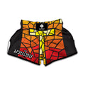 Orange And Red Stained Glass Cross Print Muay Thai Boxing Shorts