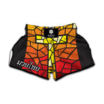 Orange And Red Stained Glass Cross Print Muay Thai Boxing Shorts