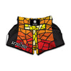 Orange And Red Stained Glass Cross Print Muay Thai Boxing Shorts