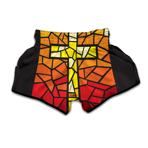 Orange And Red Stained Glass Cross Print Muay Thai Boxing Shorts