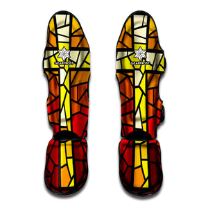 Orange And Red Stained Glass Cross Print Muay Thai Shin Guard