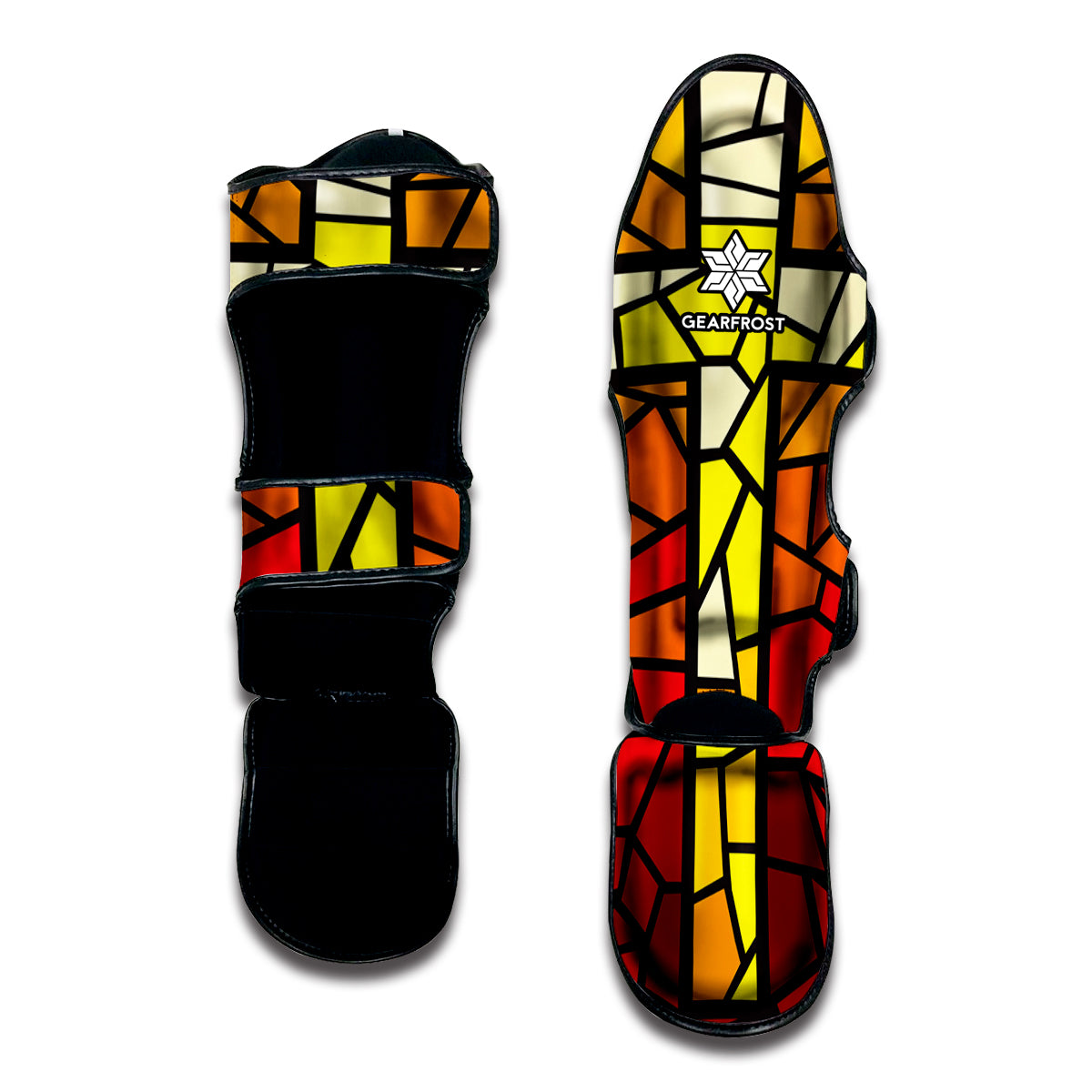 Orange And Red Stained Glass Cross Print Muay Thai Shin Guard