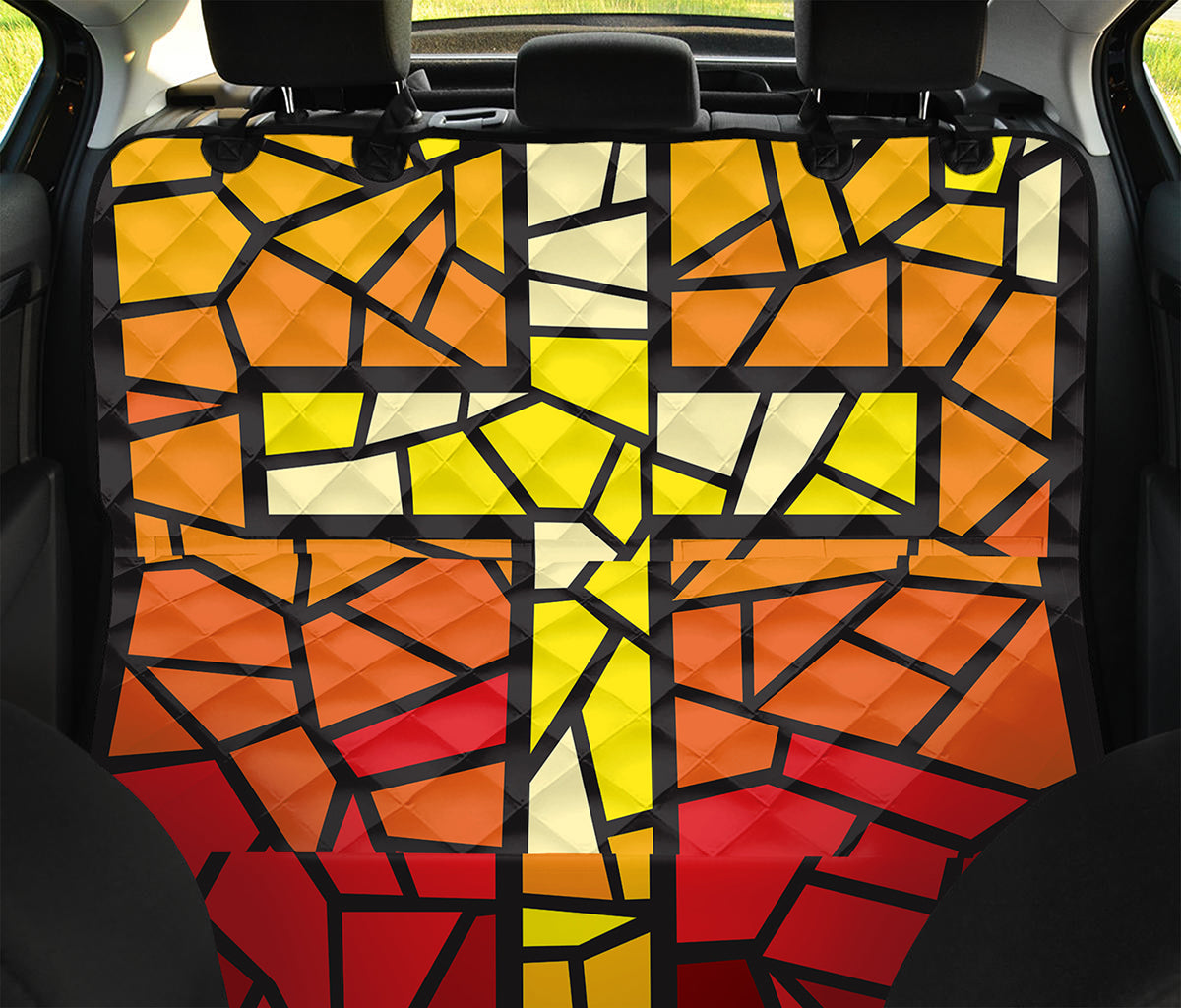 Orange And Red Stained Glass Cross Print Pet Car Back Seat Cover