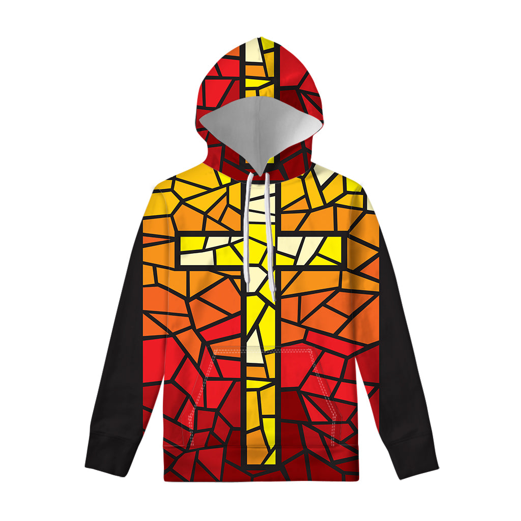 Orange And Red Stained Glass Cross Print Pullover Hoodie