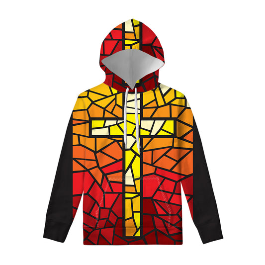 Orange And Red Stained Glass Cross Print Pullover Hoodie