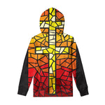 Orange And Red Stained Glass Cross Print Pullover Hoodie