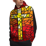 Orange And Red Stained Glass Cross Print Pullover Hoodie