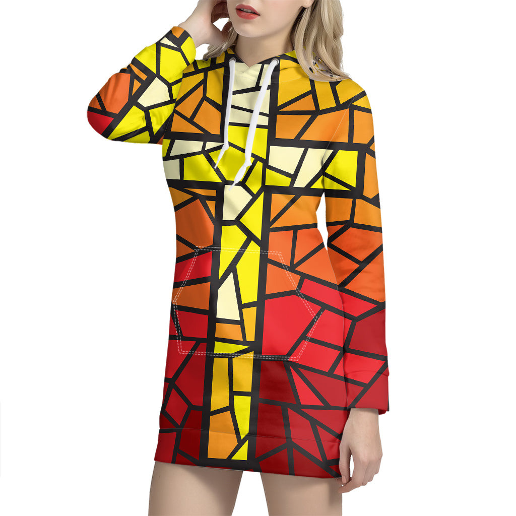 Orange And Red Stained Glass Cross Print Pullover Hoodie Dress