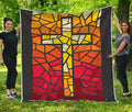 Orange And Red Stained Glass Cross Print Quilt