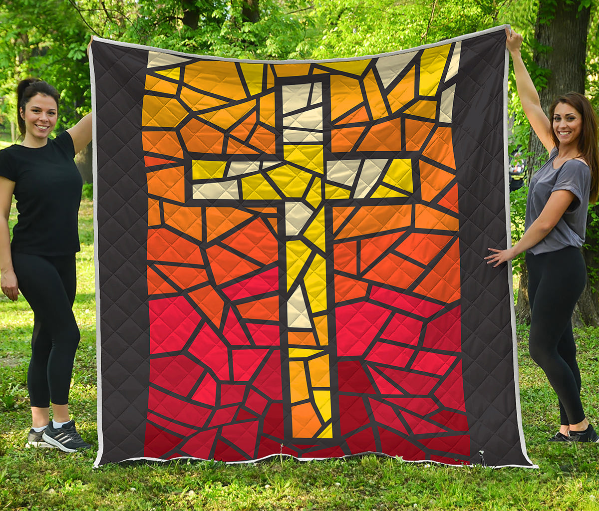 Orange And Red Stained Glass Cross Print Quilt