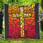 Orange And Red Stained Glass Cross Print Quilt