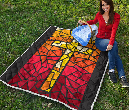 Orange And Red Stained Glass Cross Print Quilt
