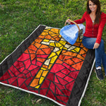 Orange And Red Stained Glass Cross Print Quilt