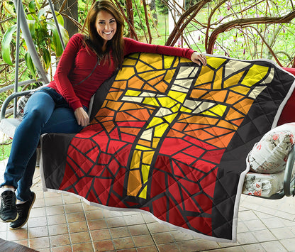 Orange And Red Stained Glass Cross Print Quilt