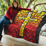 Orange And Red Stained Glass Cross Print Quilt