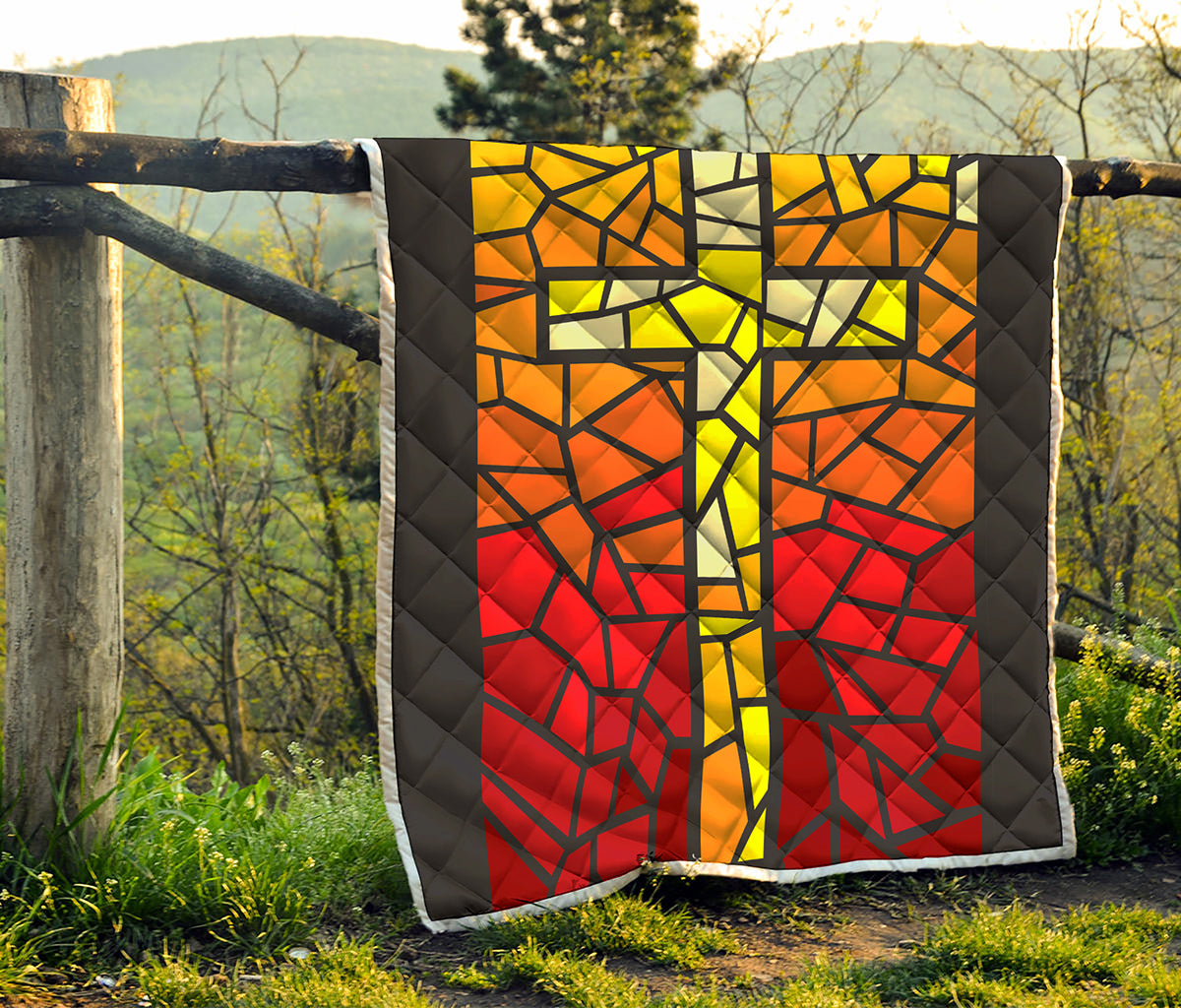 Orange And Red Stained Glass Cross Print Quilt