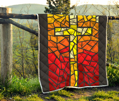 Orange And Red Stained Glass Cross Print Quilt
