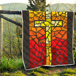 Orange And Red Stained Glass Cross Print Quilt
