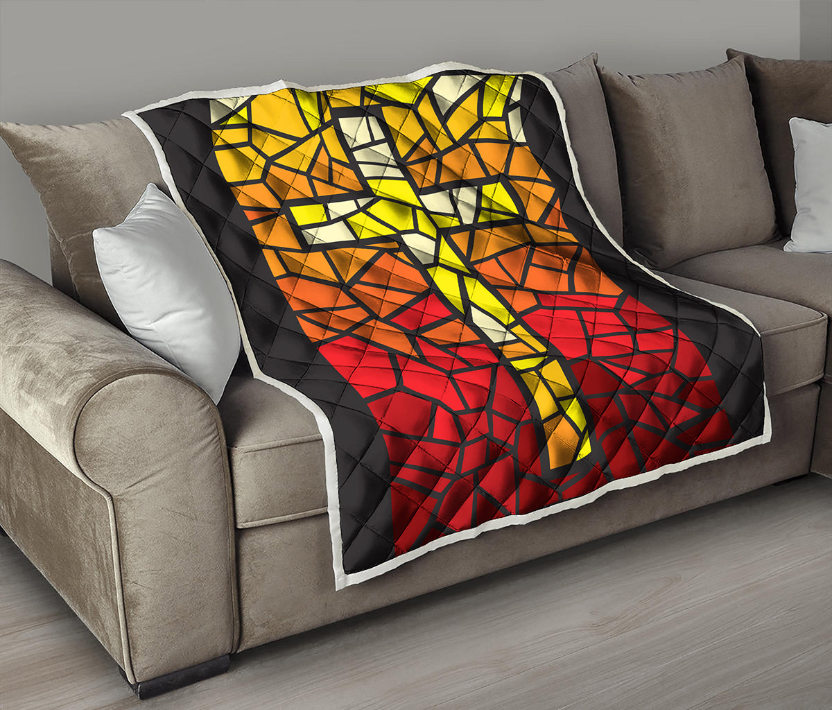 Orange And Red Stained Glass Cross Print Quilt