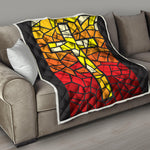 Orange And Red Stained Glass Cross Print Quilt