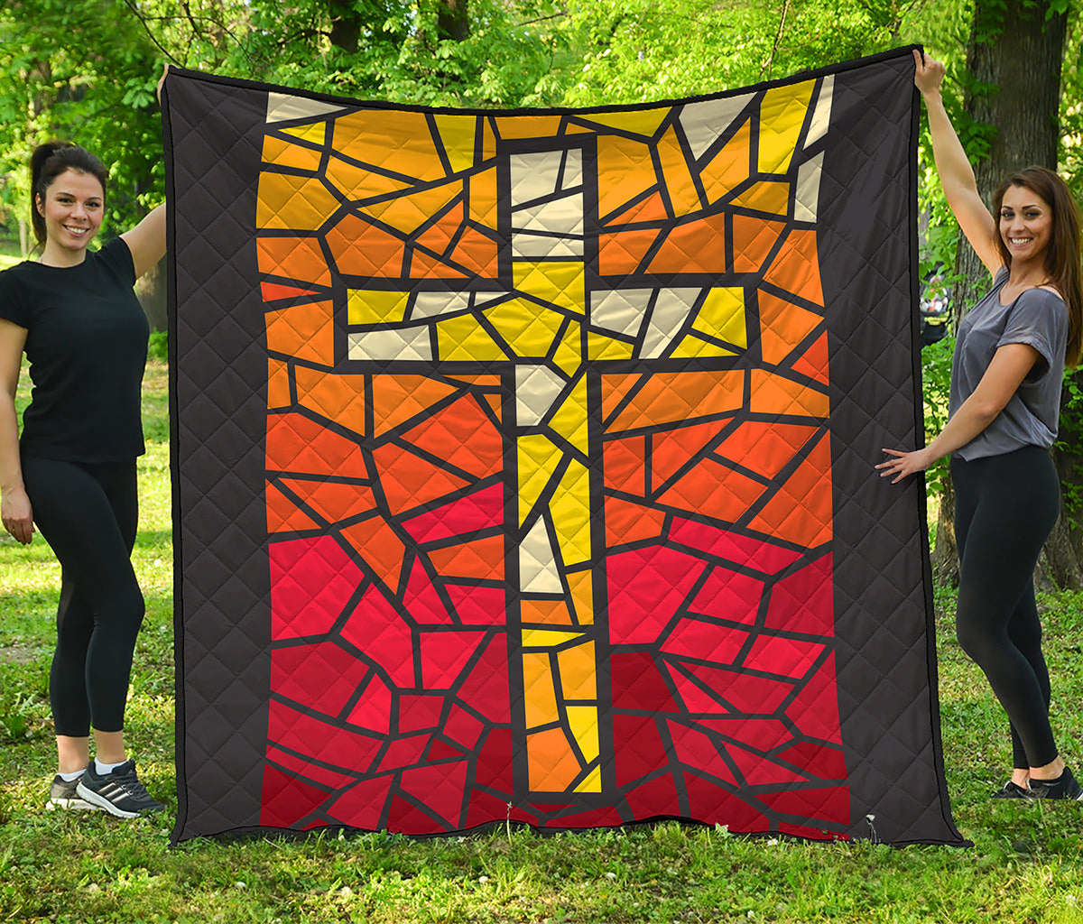 Orange And Red Stained Glass Cross Print Quilt