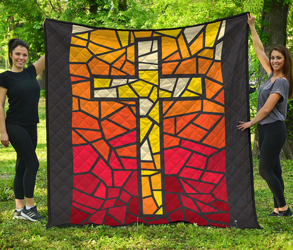Orange And Red Stained Glass Cross Print Quilt
