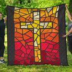 Orange And Red Stained Glass Cross Print Quilt