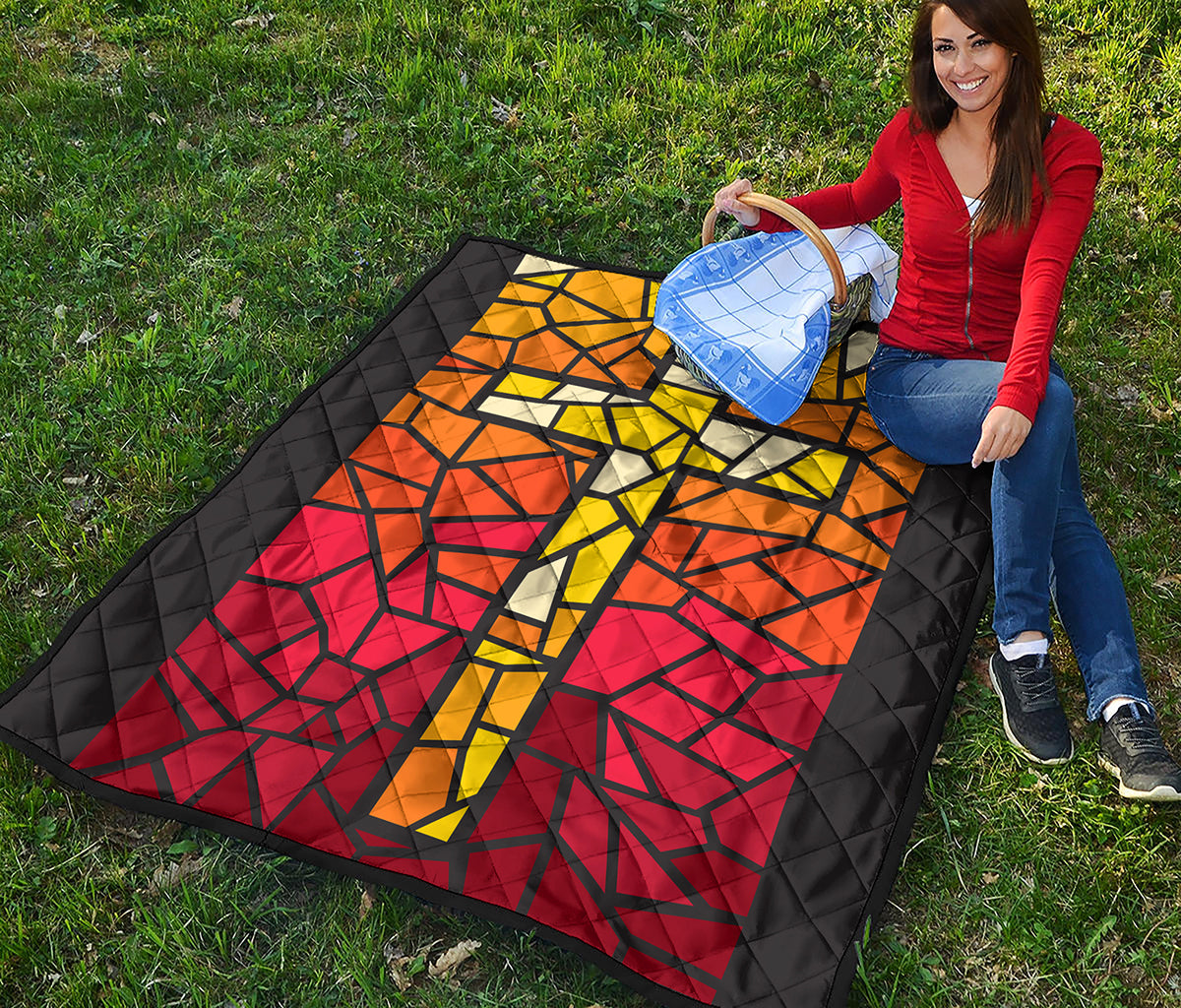 Orange And Red Stained Glass Cross Print Quilt