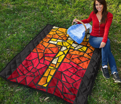 Orange And Red Stained Glass Cross Print Quilt