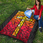 Orange And Red Stained Glass Cross Print Quilt