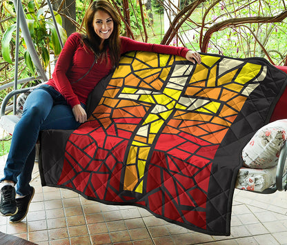 Orange And Red Stained Glass Cross Print Quilt