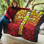 Orange And Red Stained Glass Cross Print Quilt