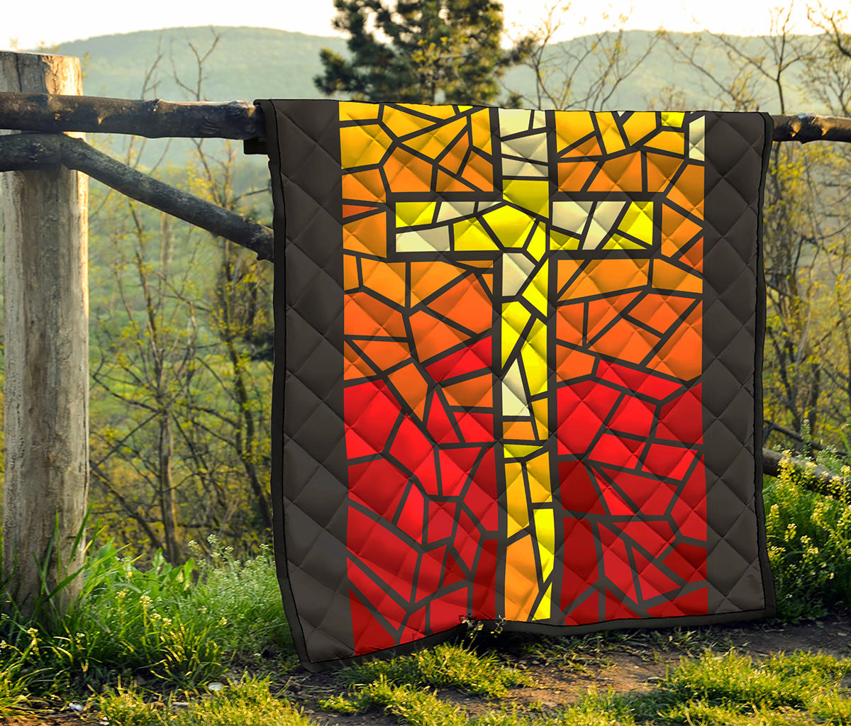 Orange And Red Stained Glass Cross Print Quilt