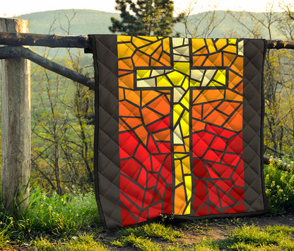 Orange And Red Stained Glass Cross Print Quilt