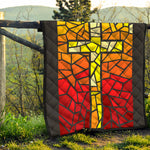 Orange And Red Stained Glass Cross Print Quilt