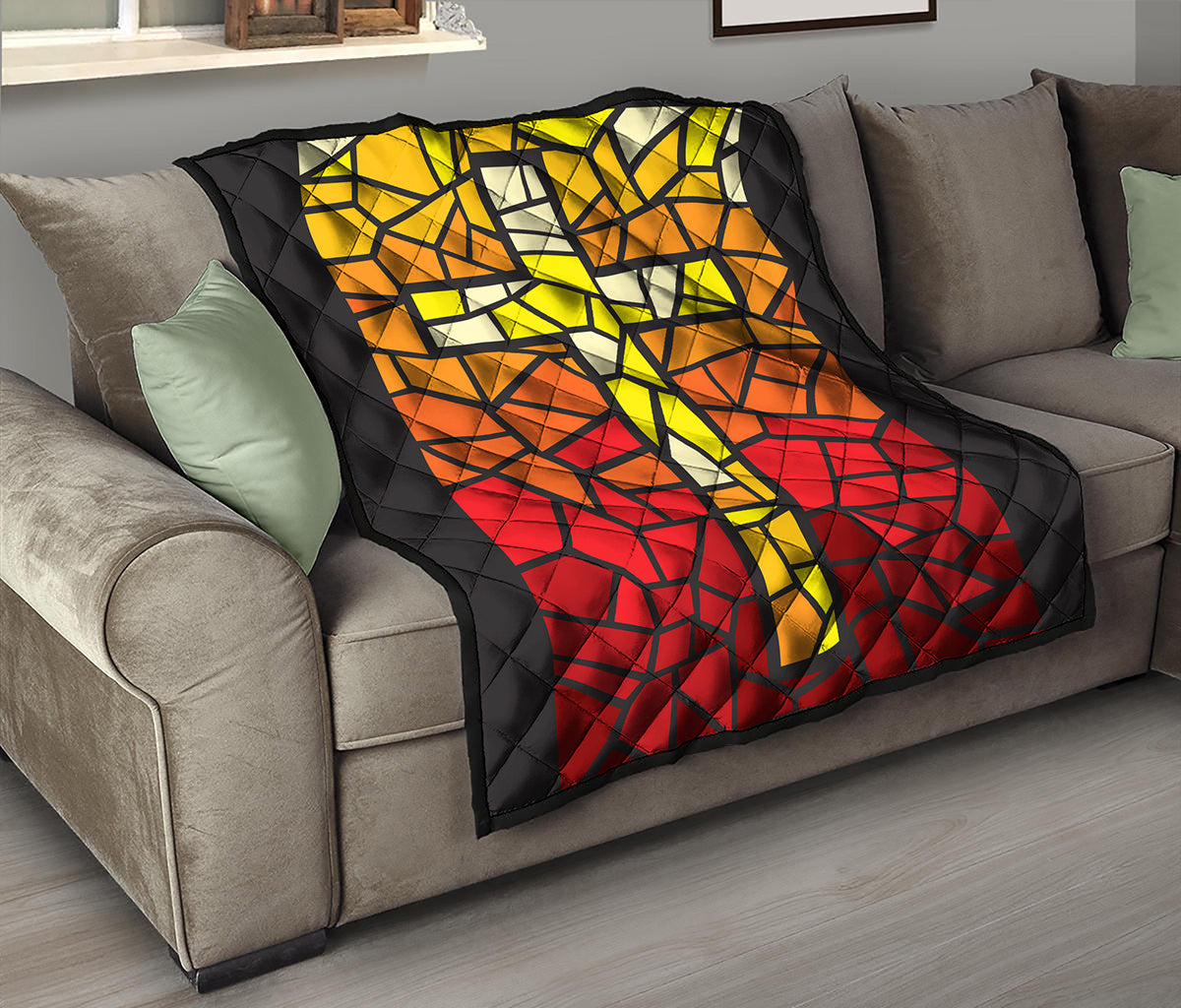 Orange And Red Stained Glass Cross Print Quilt