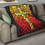Orange And Red Stained Glass Cross Print Quilt