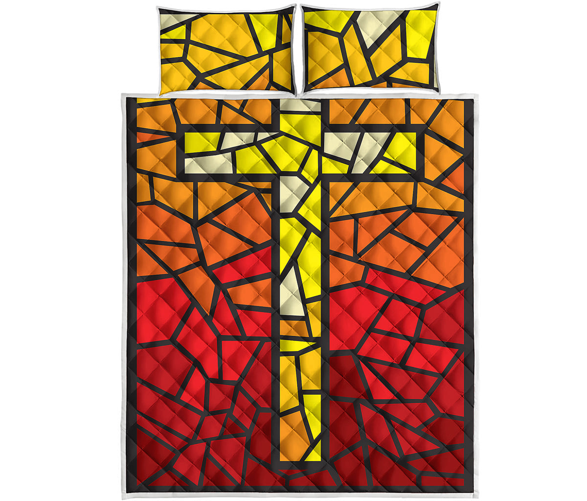 Orange And Red Stained Glass Cross Print Quilt Bed Set