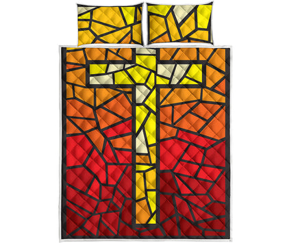 Orange And Red Stained Glass Cross Print Quilt Bed Set