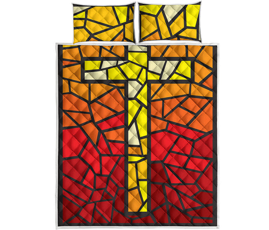 Orange And Red Stained Glass Cross Print Quilt Bed Set