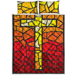 Orange And Red Stained Glass Cross Print Quilt Bed Set