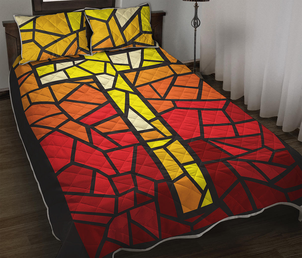 Orange And Red Stained Glass Cross Print Quilt Bed Set