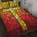 Orange And Red Stained Glass Cross Print Quilt Bed Set