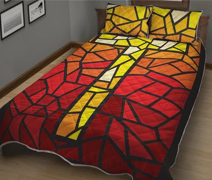 Orange And Red Stained Glass Cross Print Quilt Bed Set