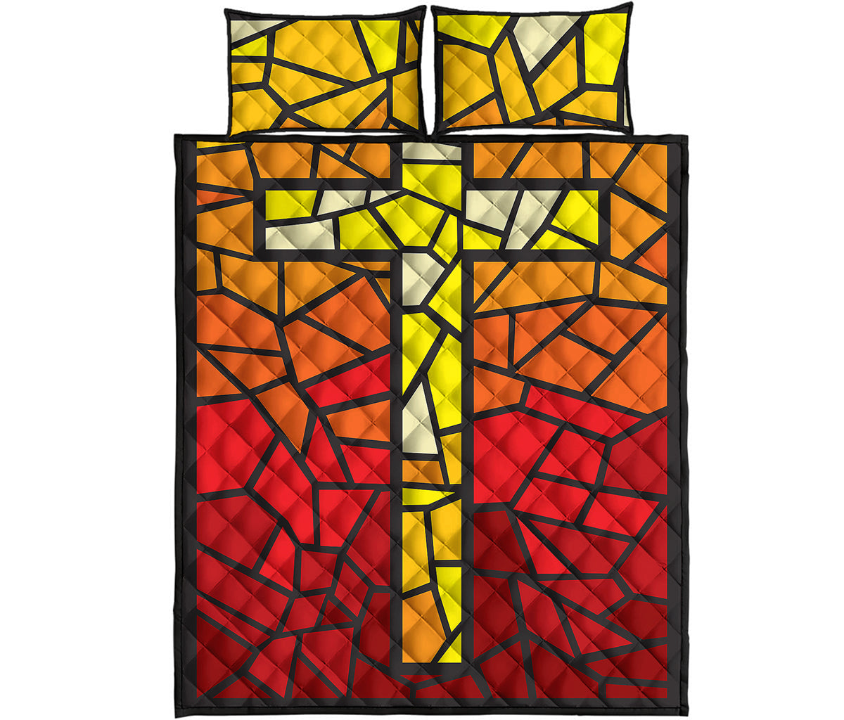 Orange And Red Stained Glass Cross Print Quilt Bed Set