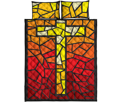 Orange And Red Stained Glass Cross Print Quilt Bed Set