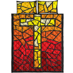 Orange And Red Stained Glass Cross Print Quilt Bed Set