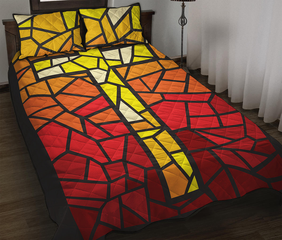Orange And Red Stained Glass Cross Print Quilt Bed Set