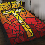Orange And Red Stained Glass Cross Print Quilt Bed Set