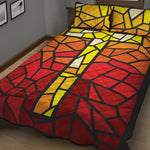 Orange And Red Stained Glass Cross Print Quilt Bed Set